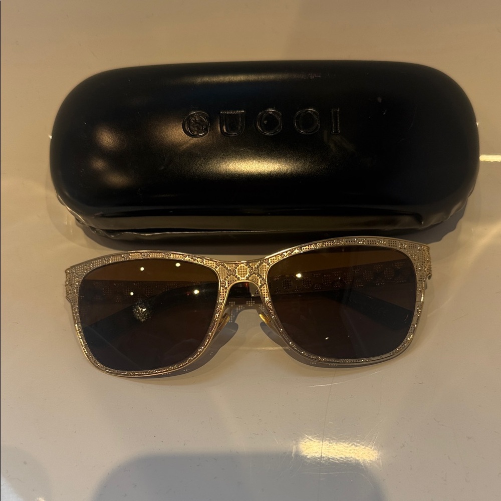 NIB GUCCI Gold LATTICE Sunglasses with Brown Lenses - Picture 2 of 9